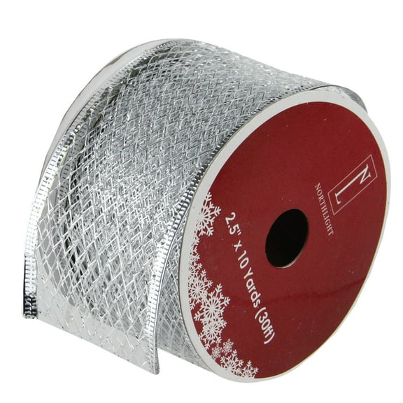 Northlight Silver Glittering Metallic Lattice Wired Christmas Craft Ribbon 2.5 x 10 Yards