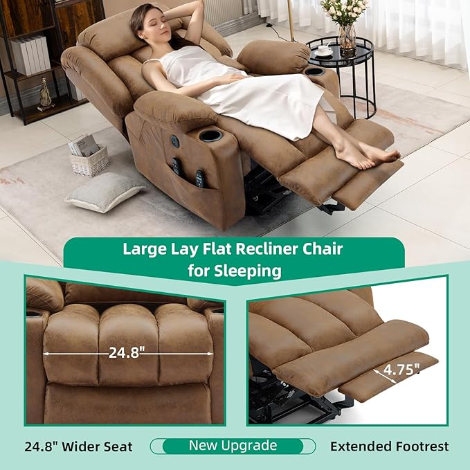 VIVIJASON Tall Man Dual Motor Power Lift Recliner, Oversized Lay-Flat Sleeper with Extended Footrest, Heat, Massage, Lumbar Pillow & USB/Type-C, Brown