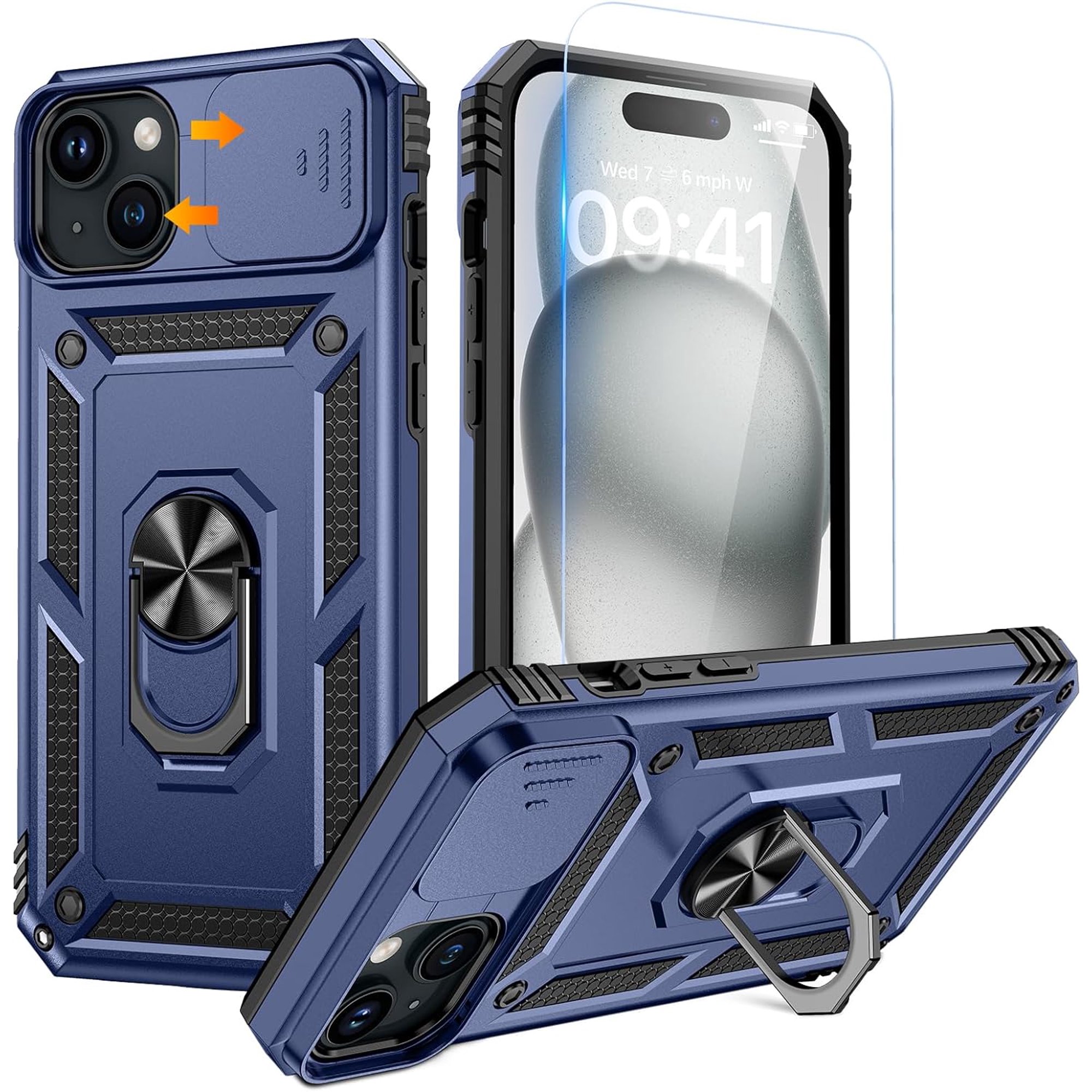 for iPhone 15 Case with Screen Protector - Slide Camera Cover Protective Phone Case with Ring Stand, Heavy Duty Shockproof Rugged Bumper for iPhone 15 Accessories Blue