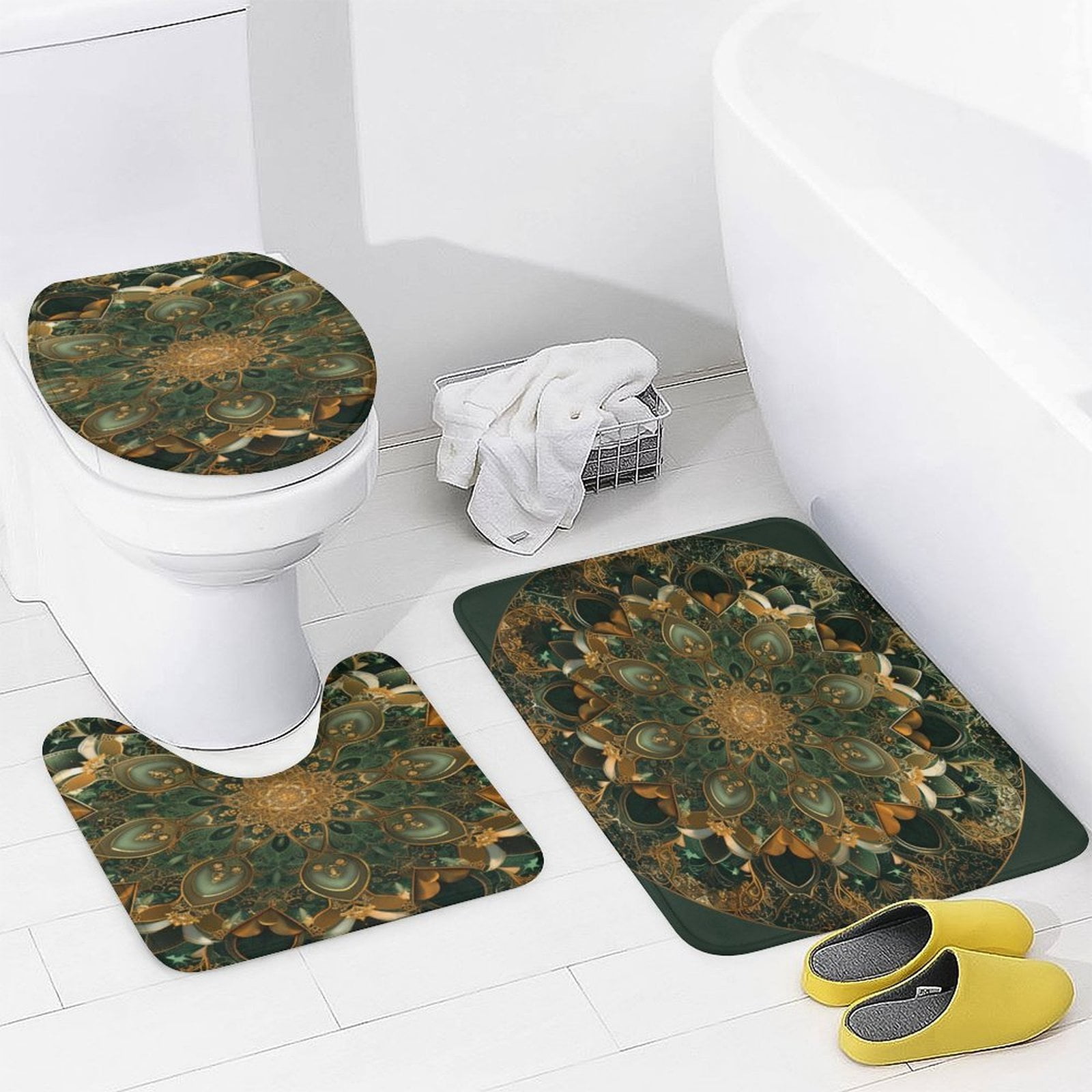 Mandala Design in Olive Green And Gold 4 Pcs Shower Curtain Sets with Non-Slip Rugs Toilet Lid Cover And Bath Mat Bathroom Decor Set Abstract Mandala Flowers Durable And Waterproof for Bathtub Decor