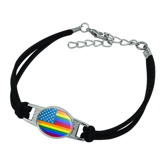 Gay Pride American Flag Rainbow Novelty Suede Leather Metal Bracelet