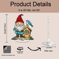 thumbnail image 2 of Rotatable acrylic ornament featuring a stained glass gnome in red hat and turquoise shirt next to a birdhouse with a blue bird on top, 2 of 8