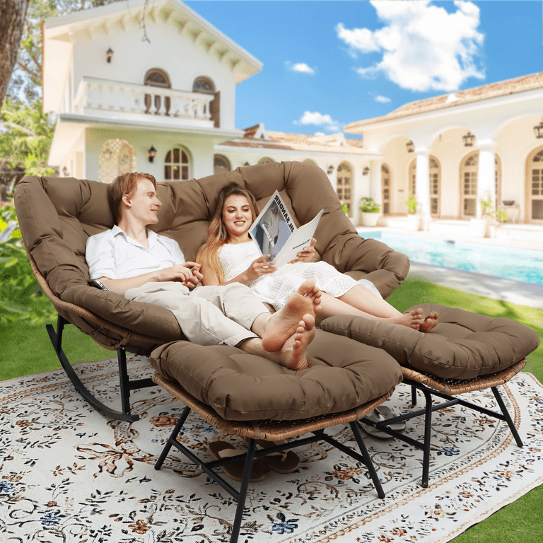 RADIATA Double Papasan Rocking Chair With Cushion, 2-Person Patio Egg Lounge Chair, Oversized Outdoor Recliner Loveseat, 700 Lbs Capacity, Comfy Big Rocker For Porch, Balcony,Living Room,Beige