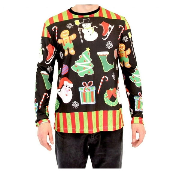 Holiday Symbols All Over Black Long Sleeve Ugly Christmas T-Shirt