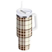 JSTEL Brown Grid Tartan Checkered 40 oz Tumbler Stainless Steel Water Bottle Vacuum Insulated Cup with Straw Lid & Handle For Travel Car Cup Holder