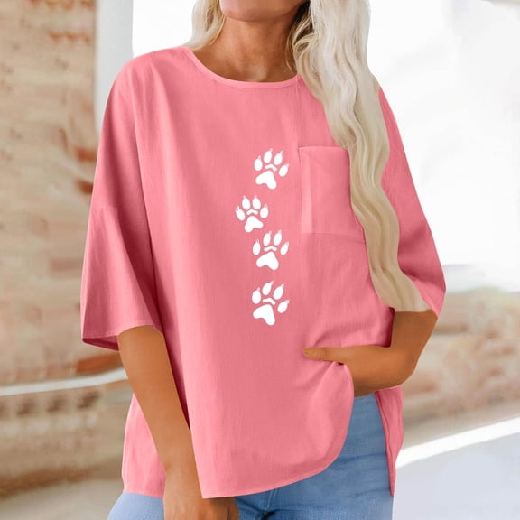 HongQid Linen Tops for Women Oversized Graphic Tees 3/4 Sleeve Print Loose Fit Summer Casual Cotton T Shirts with Pockets