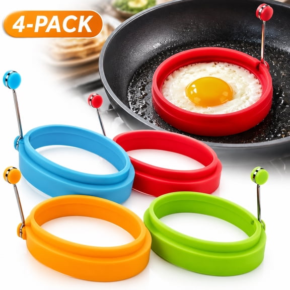 Deally Egg Rings for Frying Eggs 4-Pack Silicone Egg Molds Non Stick 4 Inch Egg Rings for Breakfast Sandwiches and Hamburgers Cooked Egg Shaper Kitchen Tool