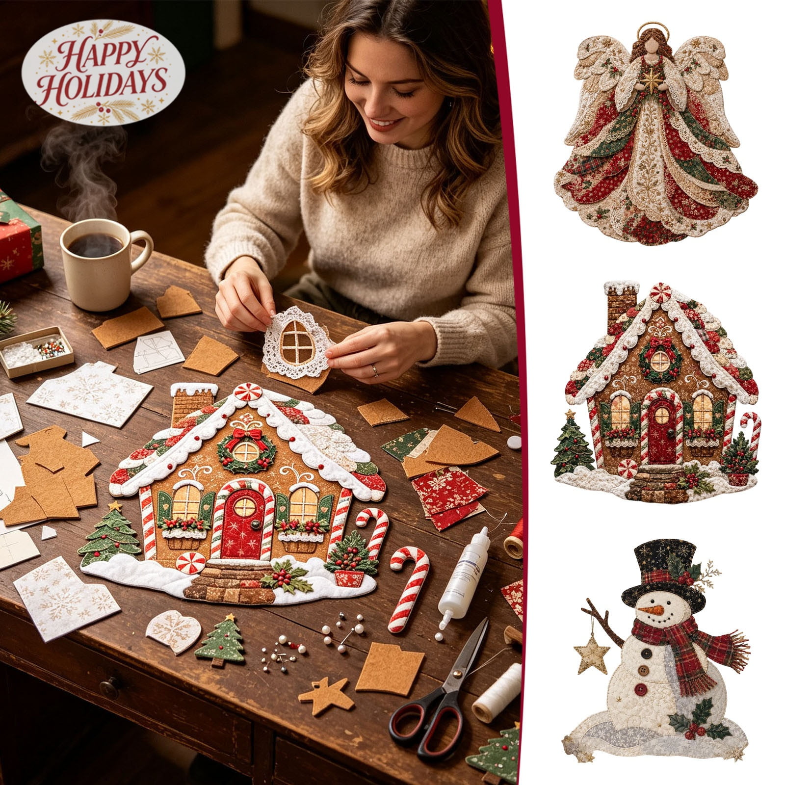 Christmas Fabric Applique Quilt DIY Craft Kit Xmas Holiday Sewing & Stitching Supplies Stocking Stuffers Unfinished Handmade Project Kit Festive Fabric Decor Making Supply Not Finished Artwork