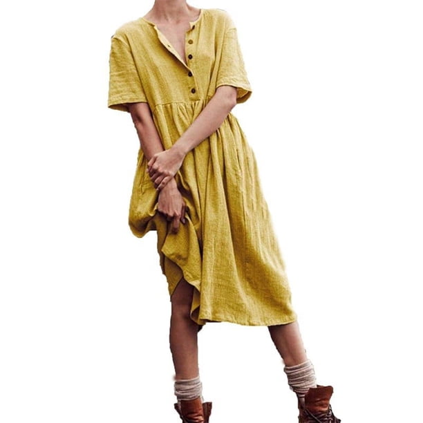 Vestido de lino de algodón con cuello redondo y botones de manga corta informal liso para mujer Pompotops ghjkhdj15673