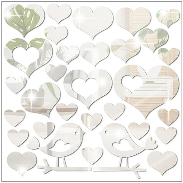 KAKOWELY Espejo de pared con forma de corazón y pájaros, decoración de espejo, adhesivo de pared acrílico