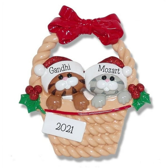 Two KITTY CATS in a Basket Personalized Christmas Ornament - Handpainted RESIN