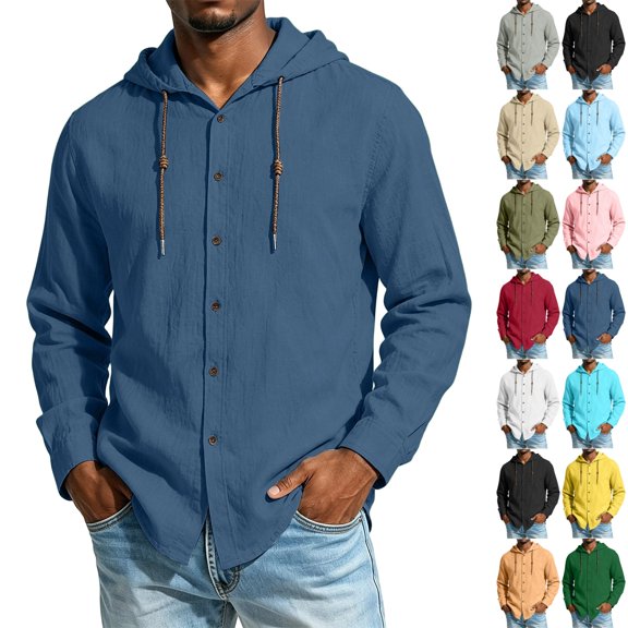 GrmtClth Mens Cotton Linen Shirts Button Down Hoodies Long Sleeve Casual Beach Tops Lightweight Fashion Shirt with Hood for All Season L
