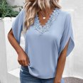 thumbnail image 3 of Blusa de encaje con cuello en V para mujer, manga corta, cómoda, transpirable, camiseta de manga corta, Top azul claro XXL, 3 of 5