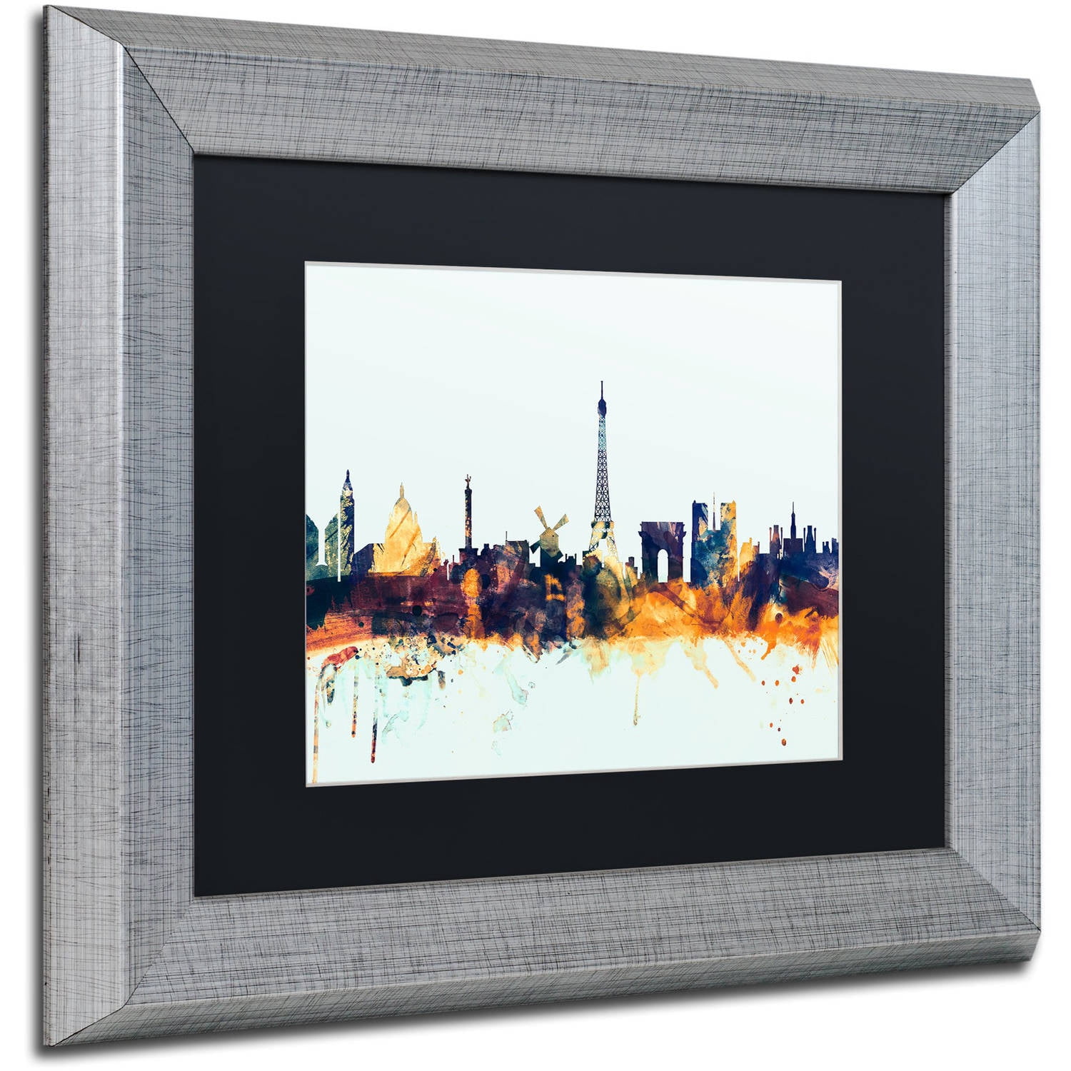 Trademark Fine Art "Paris France Skyline Blue" Canvas Art by Michael Tompsett, Black Matte, Silver Frame