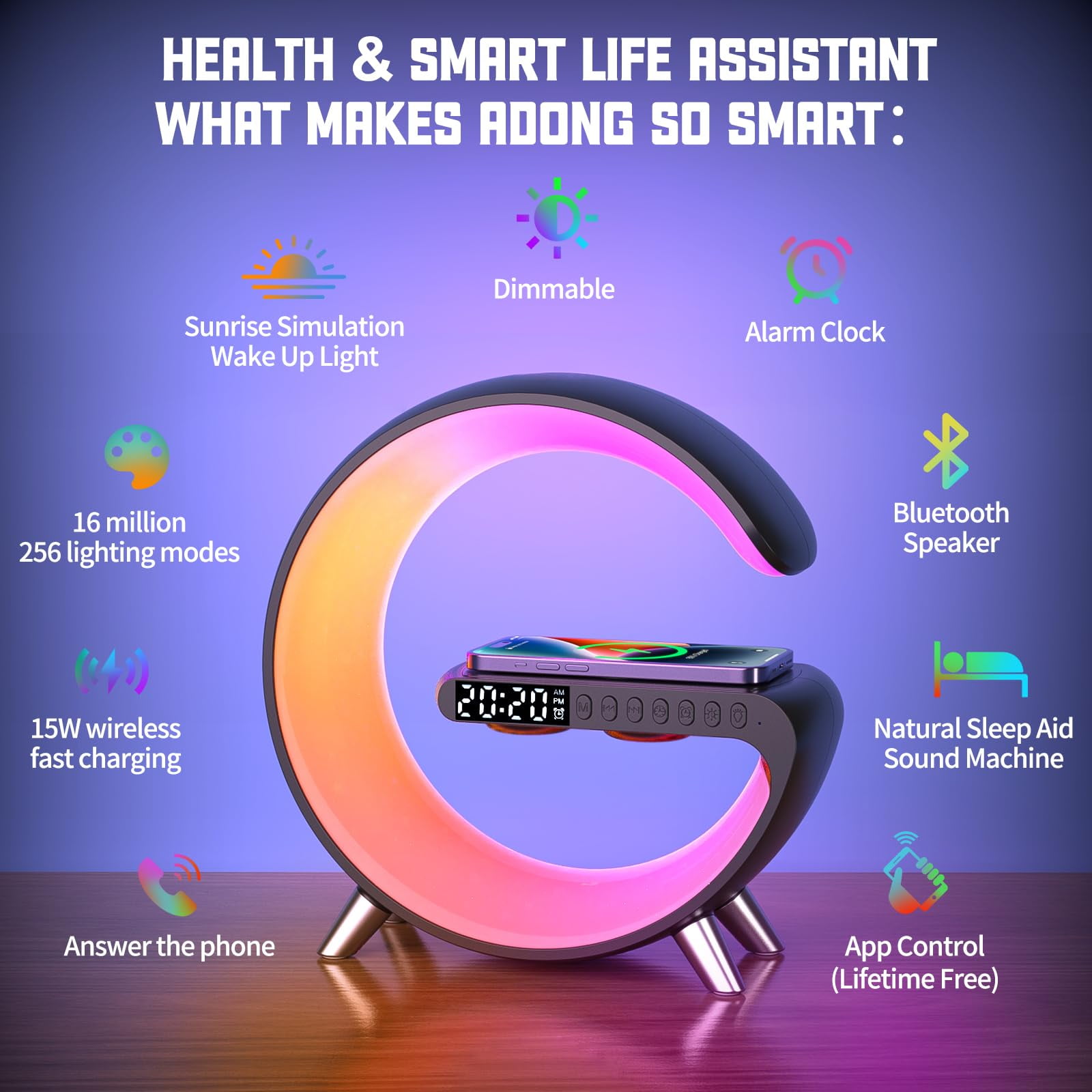 2025 New Wireless Charger Atmosphere Lamp, 4-in-1 Bluetooth Speaker with Lights, Bedside Lamp with Clock, Color Changing Sound Machine Smart LED Table Lamp for Home Decor, Bedroom, Office (Black USB)