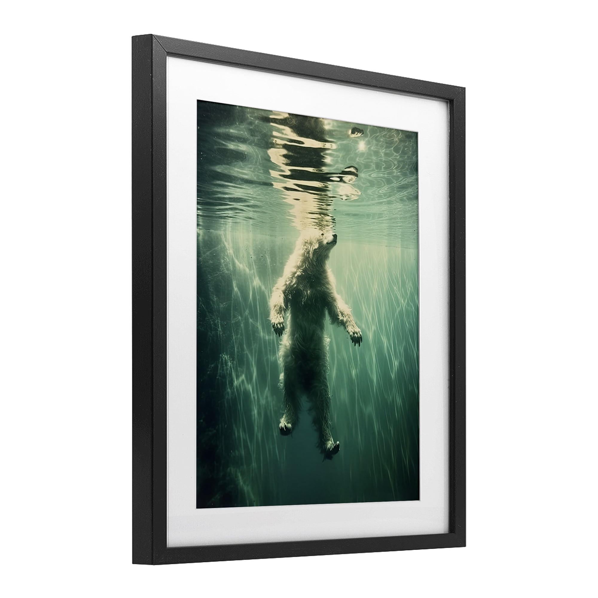 Floating Bear Underwater Black Framed Print Under Glass, design by Decent Exposures