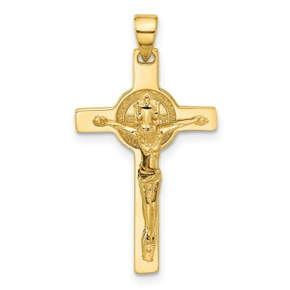 Auriga 14k Yellow Gold Polished Crucifix Cross and St Benedict Pendant for Women