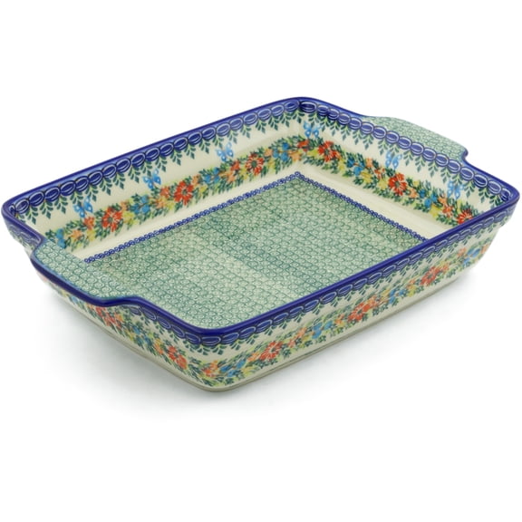 Polish Pottery 15-inch Rectangular Baker with Handles (Red Cornflower And Blue Butterflies Theme) Signature UNIKAT   Certificate of Authenticity