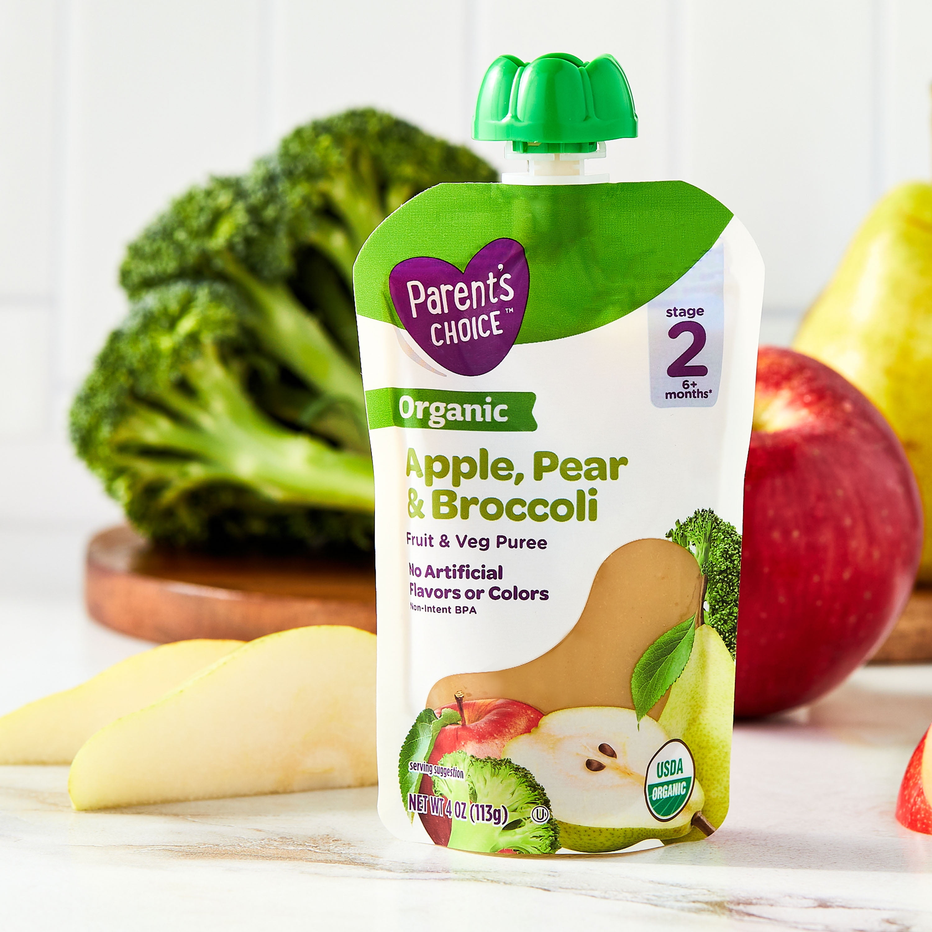 Parent's Choice Organic Stage 2 Baby Food Apple, Pear, and Broccoli Puree, 4 oz Pouch