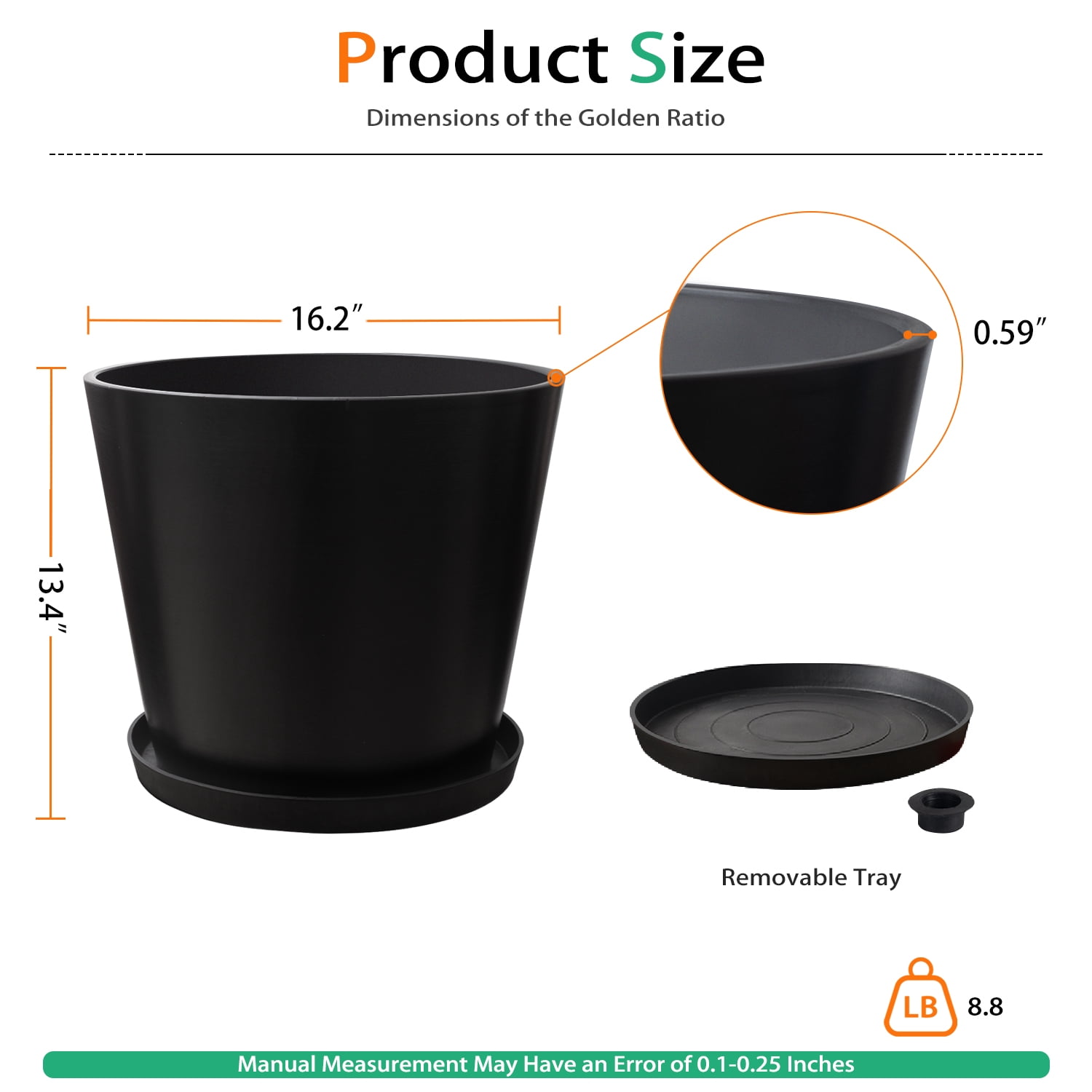 Vucunty Planter Set with Saucers, Round Planters 2 Pack, Large Resin Pots, 16 Inch, Outdoor Indoor Flower Pots, Black