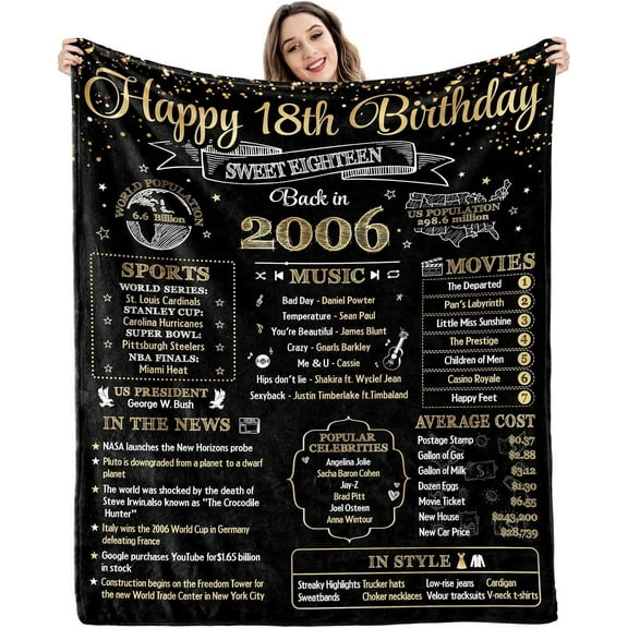 18th Birthday Decorations for Girls Boys - 18th Birthday Gifts for Girls Custom Blanket - Big Sister Gifts for Little Girls - 18 Year Old Gifts Blankets for Girls Back in 2006 - Gold