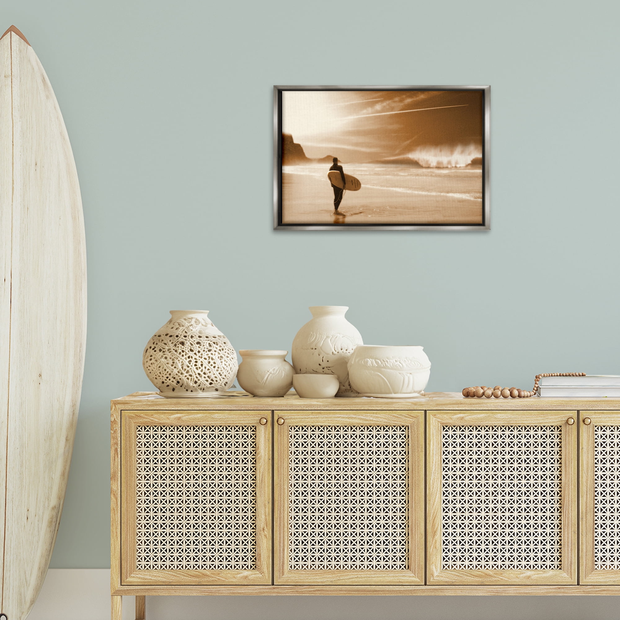 Stupell Industries Out Of The Sun Surfer Coastal Photography Gray Floater Framed Canvas Art Print Wall Art, 25 x 17