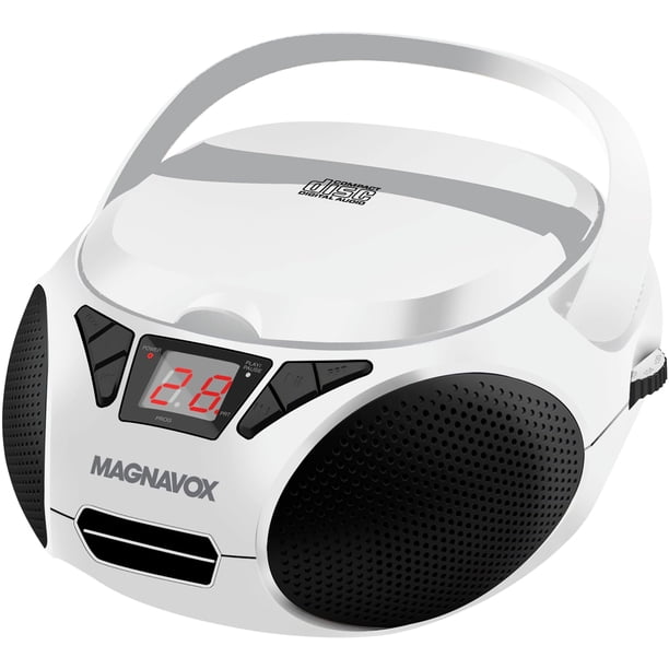 Magnavox MD6924 Boombox portátil con CD de carga superior y radio estéreo AM/FM en negro | Compatible con CD-R/CD-RW | Pantalla LED | Puerto auxiliar compatible | Reproductor de CD programable | (Blan