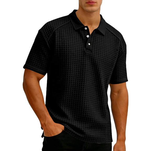 Mens Waffle Knit Polo Shirt Short Sleeve Button Down Pocket Tee Casual Summer Top Breathable Lightweight Golf Work Wear Black 2XL
