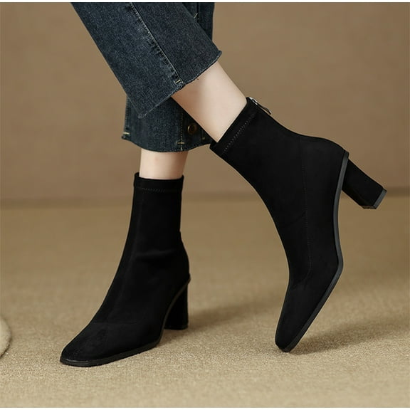 Bnwani Women Boots Retro Toe Zipper High-Heel Flat Leather Retro Boot Black Size 6