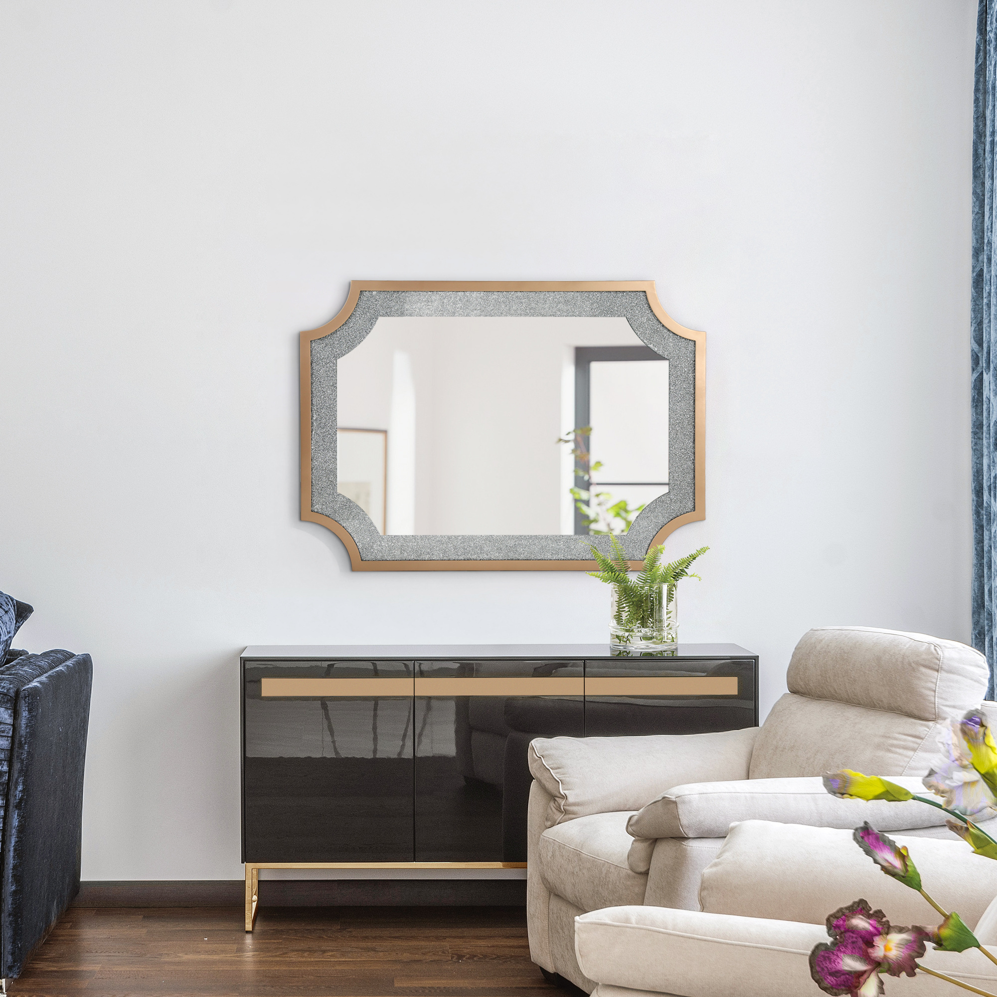 LNC 33.9"x47" Rectangular Gold Bathroom Wall Mirror with Rhinestone Inlay and MDF Frame