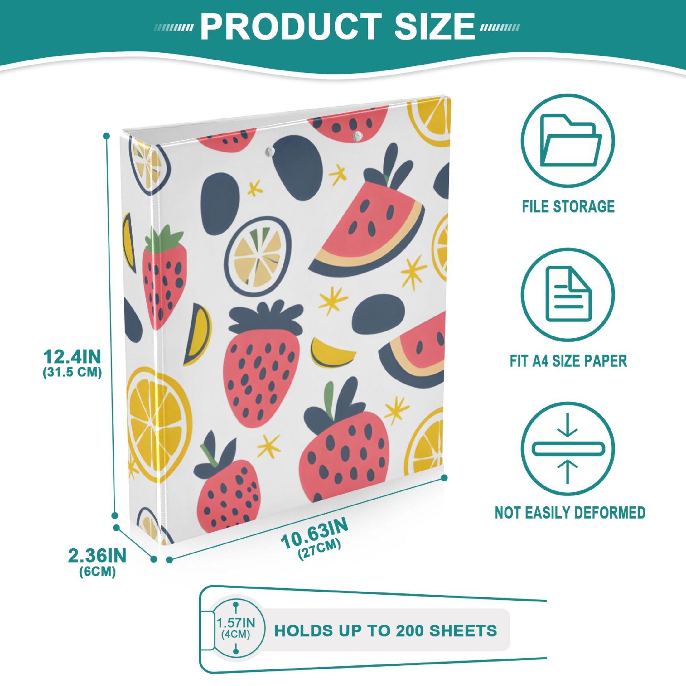 Watermelon Strawberries Lemons 3 Ring Binders 1.5 inch Hardcover File Folders with Interior Pockets A4 Size Organizer for School Office Hospital