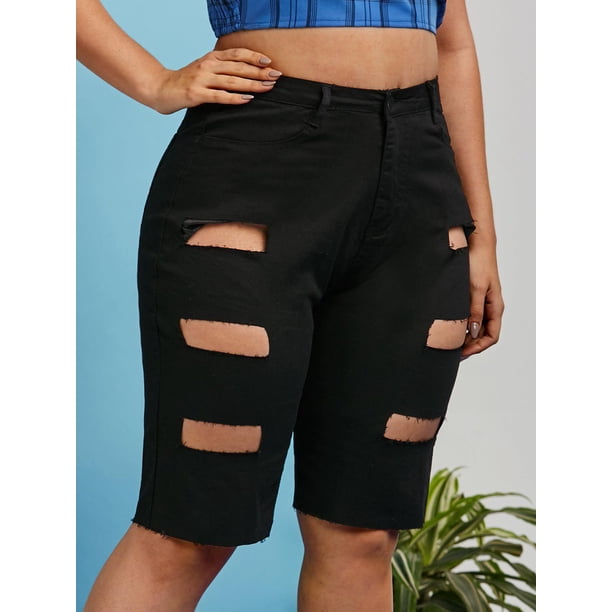 Corte de escalera deshilachada Pantalones cortos de longitud de la rodilla Rosegal Pantalones cortos de talla grande