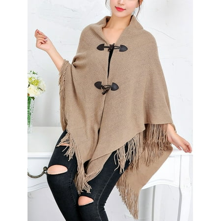 Womens Poncho Knit Poncho Pullover Sweaters Cardigan Shawl Tassel Wrap Sweater for Women