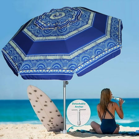 AMMSUN 7ft Heavy Duty Beach Umbrella UPF50+ with Sand Anchor & Tilt Shelter & Bag,Spray