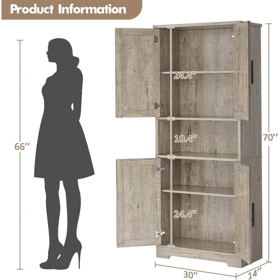Acekid 70 Inch Pantry Cabinet Tall Kitchen Pantry Cabinet with 4 Doors and Adjustable Shelves Freestanding Cupboard New Gray