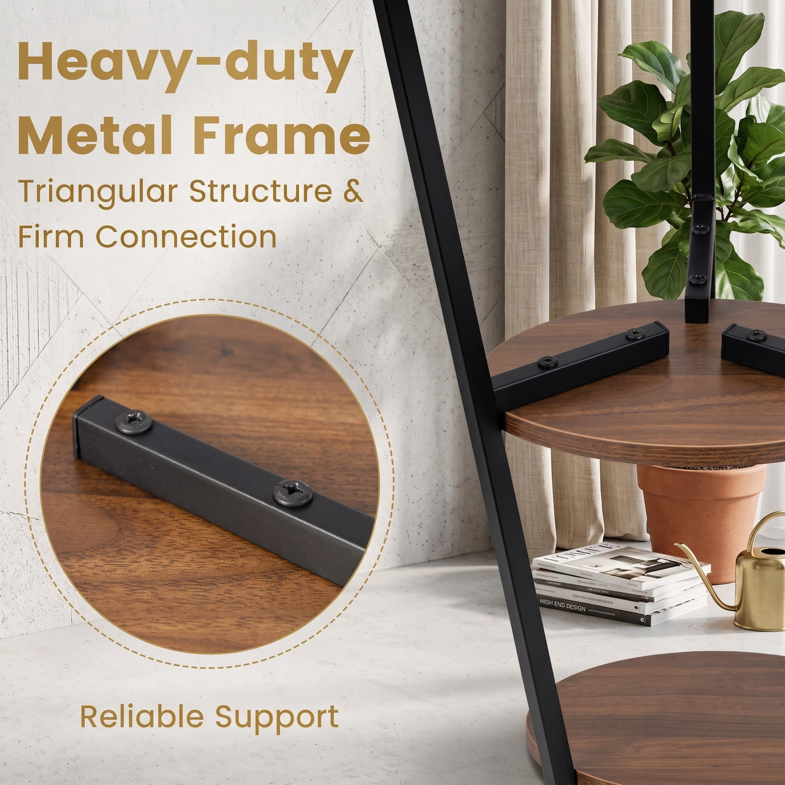 Furnibear 2-Tier Round End Table Set of 2, Nightstand Side Table with Open Storage Shelf and Triangular Metal Frame for Living Room Bedroom Hallway, Walnut