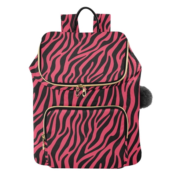 DIXRUYEE Pink Zebra Print Pattern Printed Quilted 14 Inch Laptop Backpack Multi-Pocket Lightweight Daypack with Pom Pom Charm