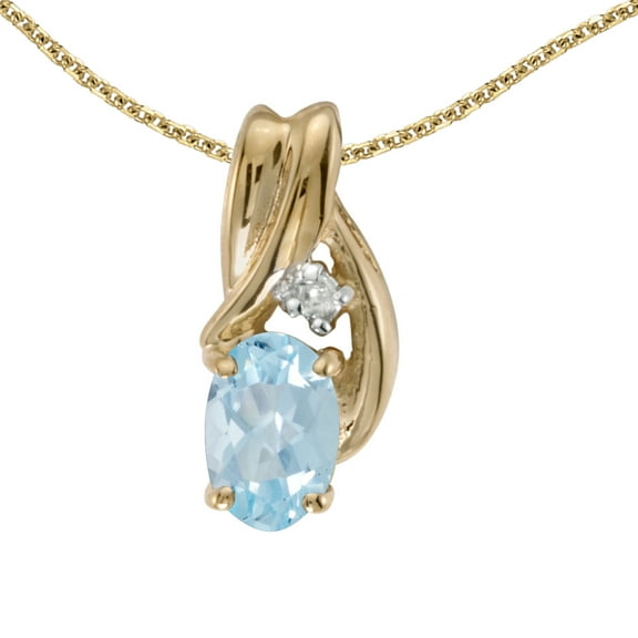 10k Yellow Gold Oval Aquamarine And Diamond Pendant with 18" Chain