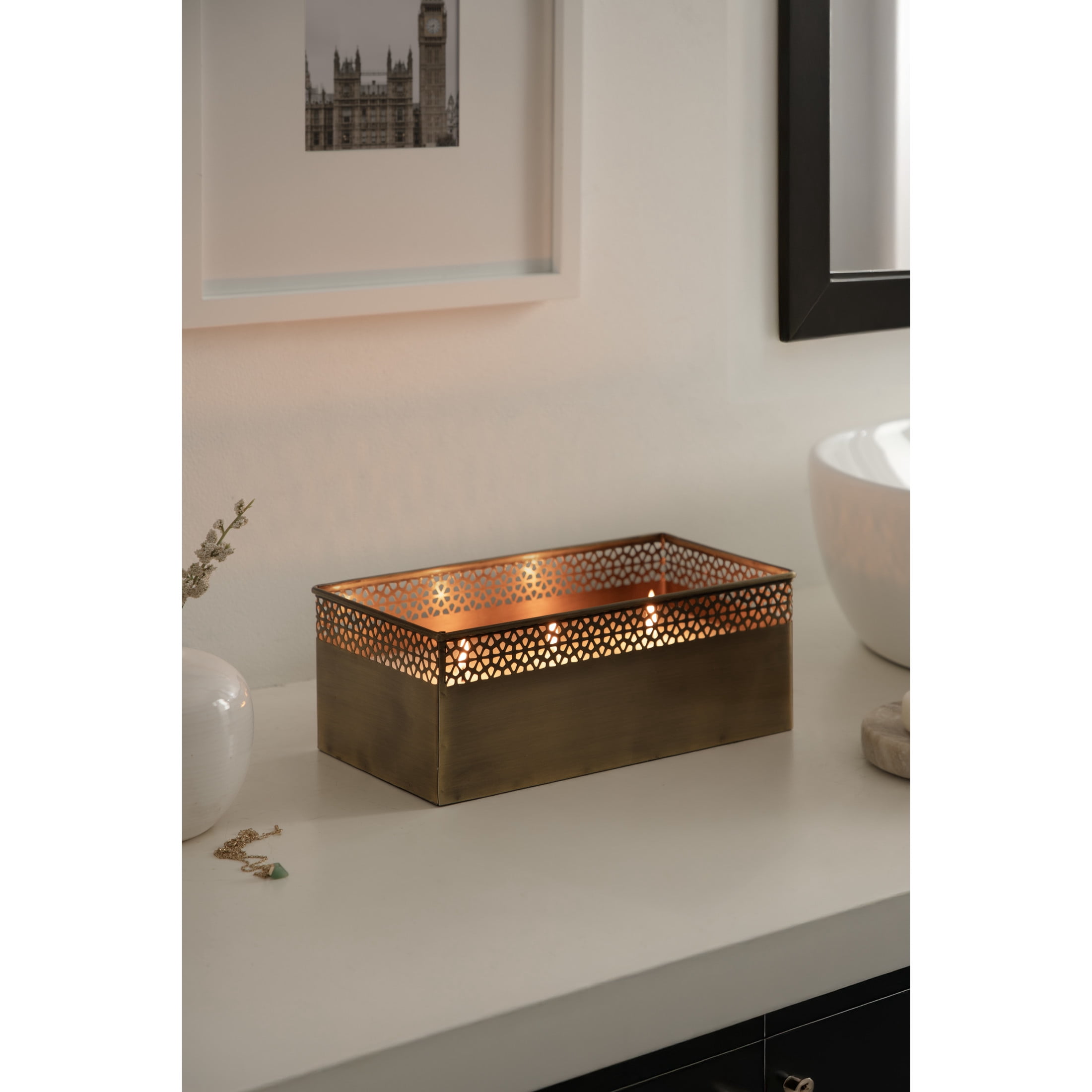 Kate and Laurel Pearce Rectangle Unscented Candle, 11 x 6 x 4, Antique Brass, Large Three-Wick Candle with Decorative Metal Vessel for Living Room Decor