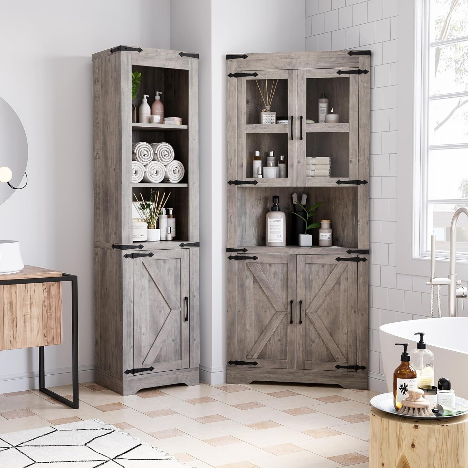COZONY 67" Farmhouse Tall Corner Cabinet w/ Barn Doors, 5 Tier Bookcase Storage Cabinet with Adjustable Shelves, Freestanding Cabinet Organizer for Bathroom,Living Room,Kitchen,Washed Ash