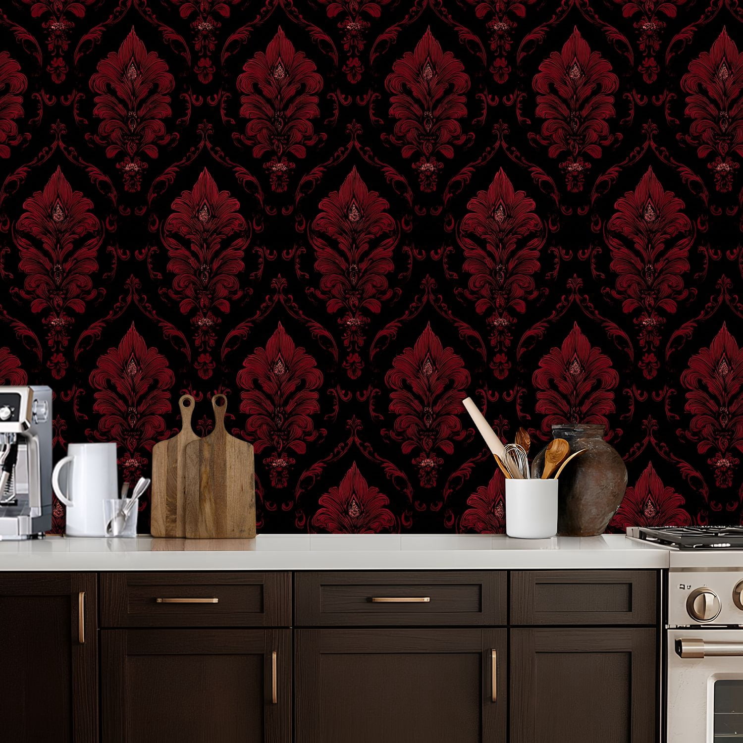 Peel and Stick Wallpaper Red Damask Floral Black Ornate Baroque Motifs Wall Mural 17.7in x 9.8ft Self Adhesive Removable Wall Paper Renter Friendly Wallpaper for Nursery Bedroom Cabinets