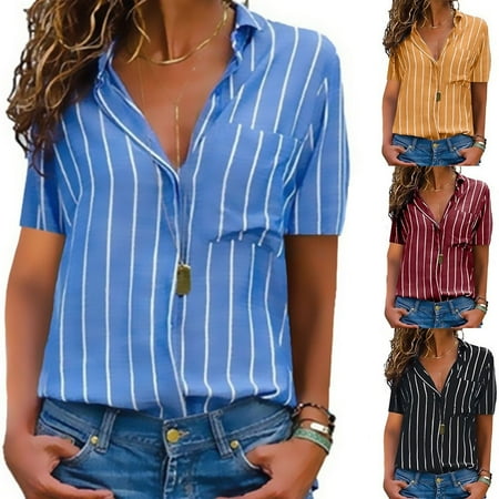Summer Stripe Shirt Women Casual Tops Summer Stripe Print Shirts Short Sleeve Blouse Button Pocket Shirts ()