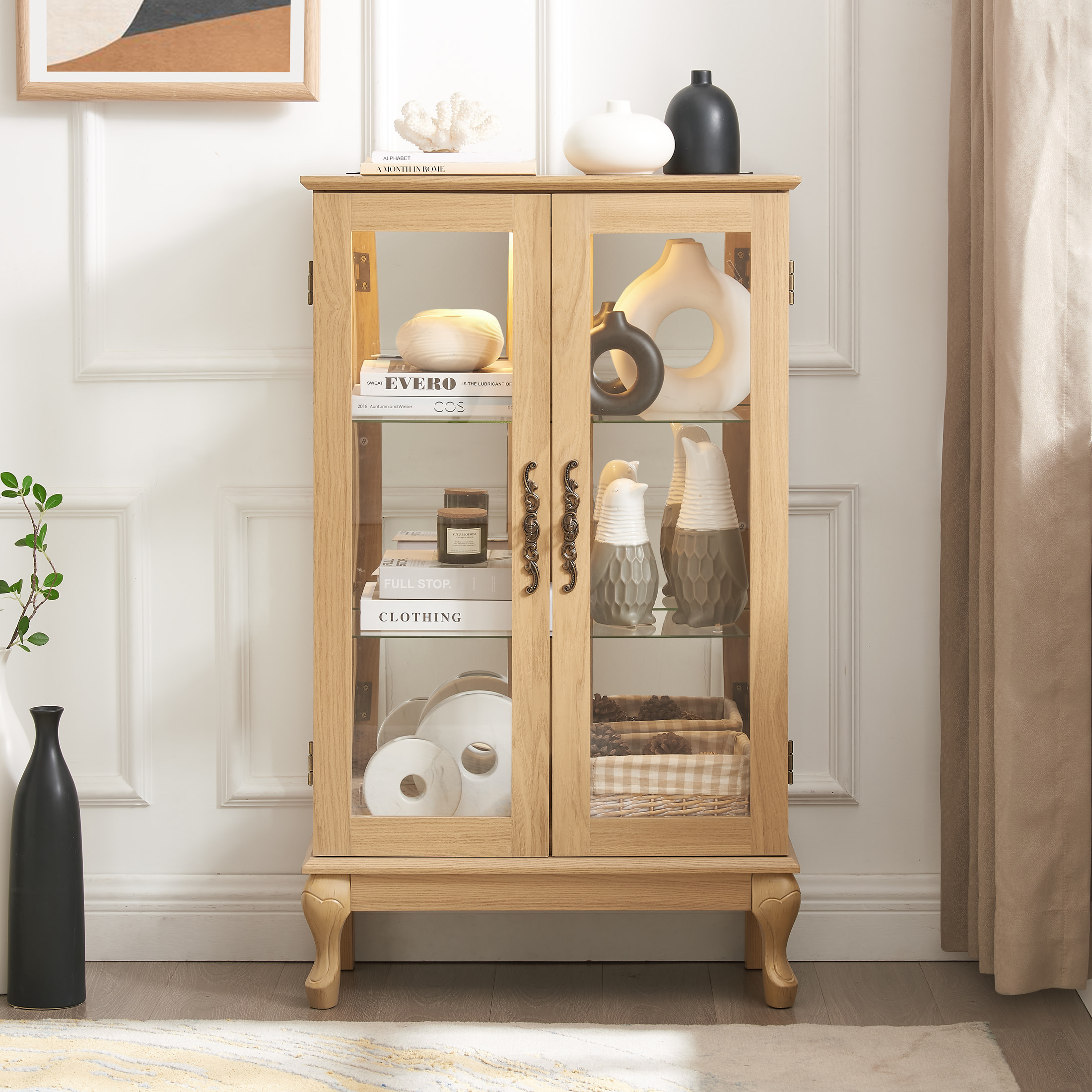 Noble House Elshore Lighted Curio Cabinet, 2-Door Glass Display with Mirrored Back, Adjustable Shelves, Light Oak