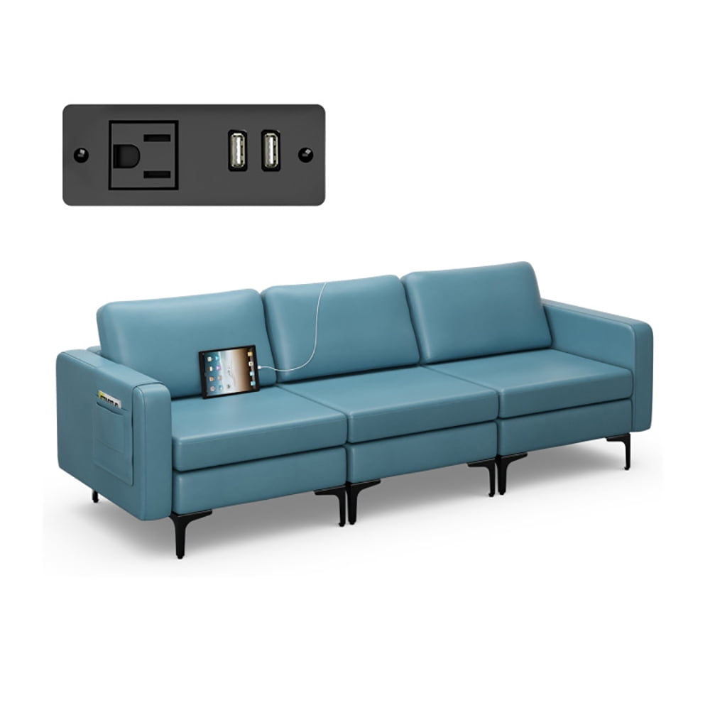 Finihen Leather Sofa, 3-Seat Sofa, Convertible Leather Sofa Couch with Magazine Pockets 3-Seat with 2 USB Port, for Living Room, Bedroom, Blue Finihen Leather Sofa, 3-Seat Sofa, Convertible Leather Sofa Couch with Magazine Pockets 3-Seat with 2 USB Port, for Living Room, Bedroom, Blue