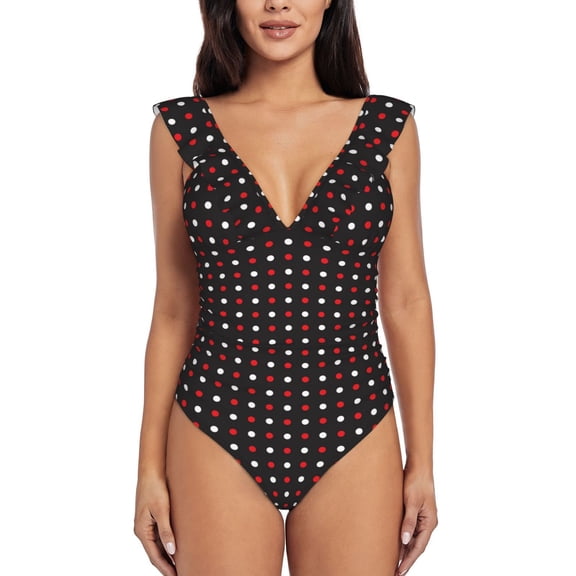 Picia Red and white polka dots Blooming Jelly Womens Tummy Control Bathing Suits Slimming Ruffle Swimsuit One Piece Lace Swimwear-