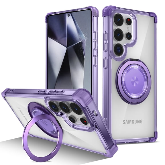 ShellTech Magnetic Clear Case for Samsung Galaxy S26 Ultra, Compatible with MagSafe 360° Rotatable Kickstand Ring, Shockproof Heavy Duty Drop-Proof Slim Transparent Protective Cover,Purple