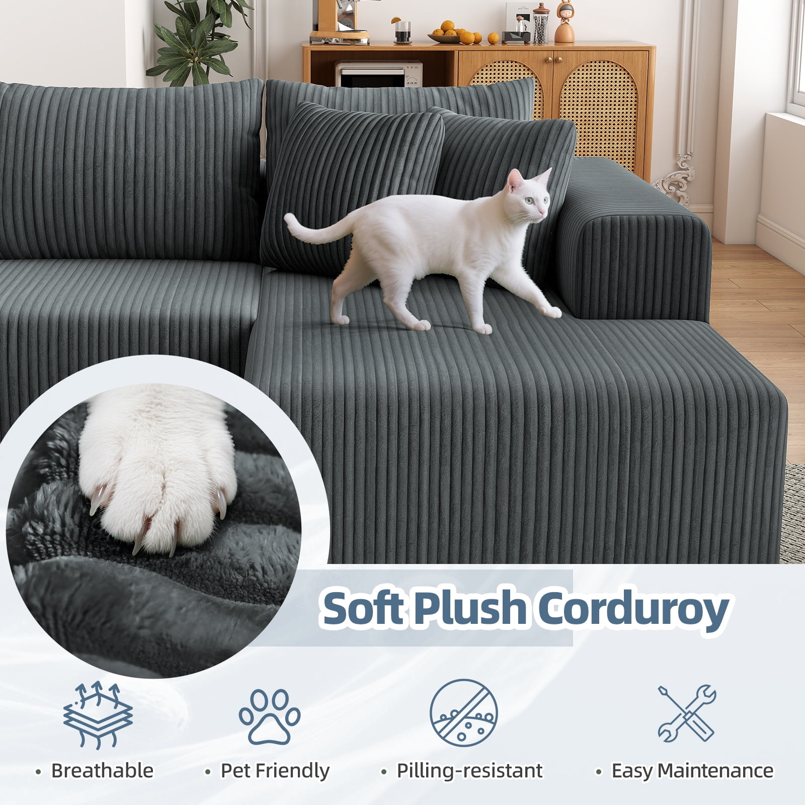 132''Modular Boneless Couches for Living Room, Corduroy Deep Seat Sofa with 2 Chaise Lounges and 1 Loveseat