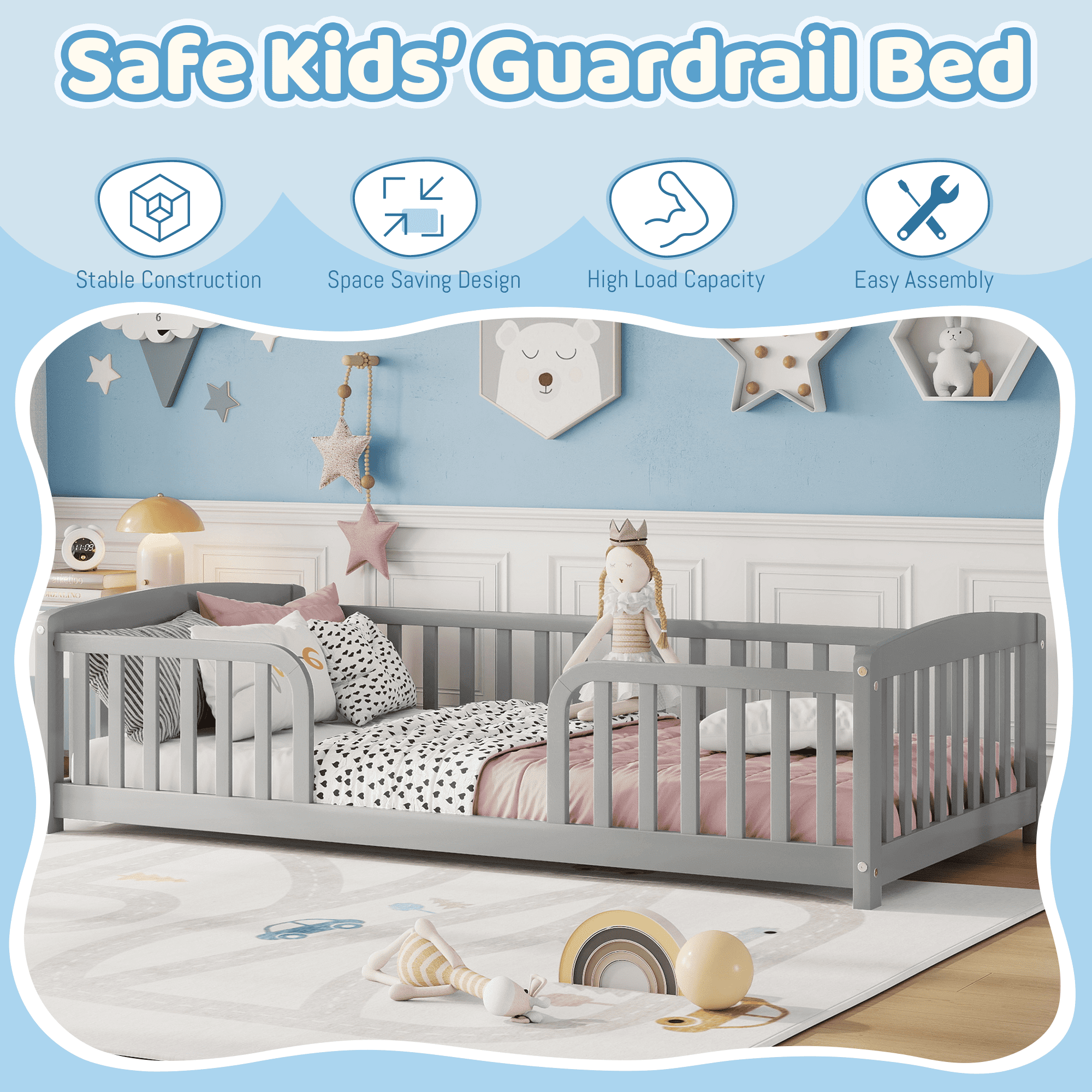 Alvantor Twin Size Floor Bed with Entrance and Guardrails – Low Montessori Wood Bed Frame for Toddlers, Grey