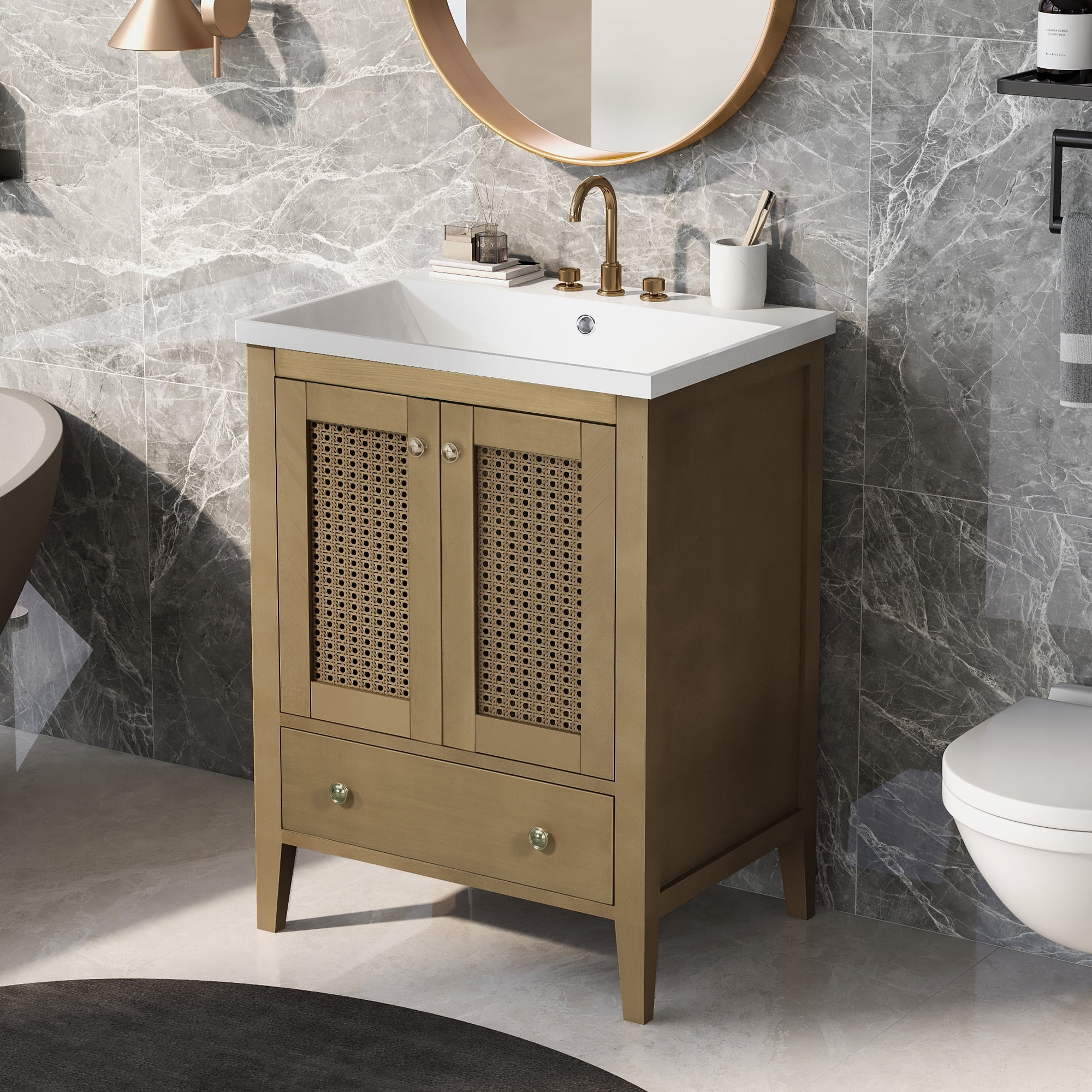 Harper & Bright Designs 24" Bathroom Vanity Sink Combo for Small Space, Natural Rattan Bathroom Storage Cabinet with Two Doors and Drawer, Solid Wood Frame