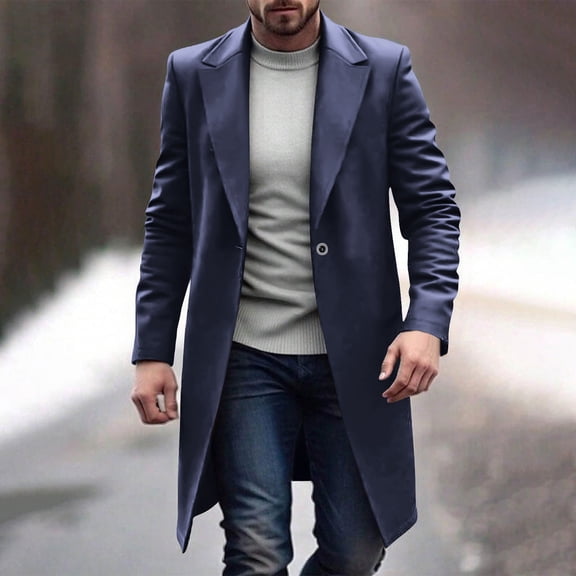 Miqool Trench Coat Men Slim Fit Wool Coat Single Button Business Casual Jacket Long Pea Coat